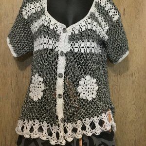 Handmade crochet short sleeve cardigan size S/M hand crafted white gray black